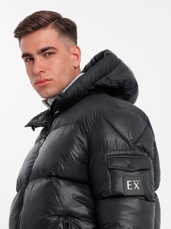 Men's warm puffer jacket with welts - black V1 OM-JAHP-0207