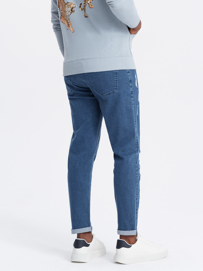 Washowane spodnie męskie jeansowe TAPERED FIT z przetarciami – niebieskie V2 OM-PADP-0163