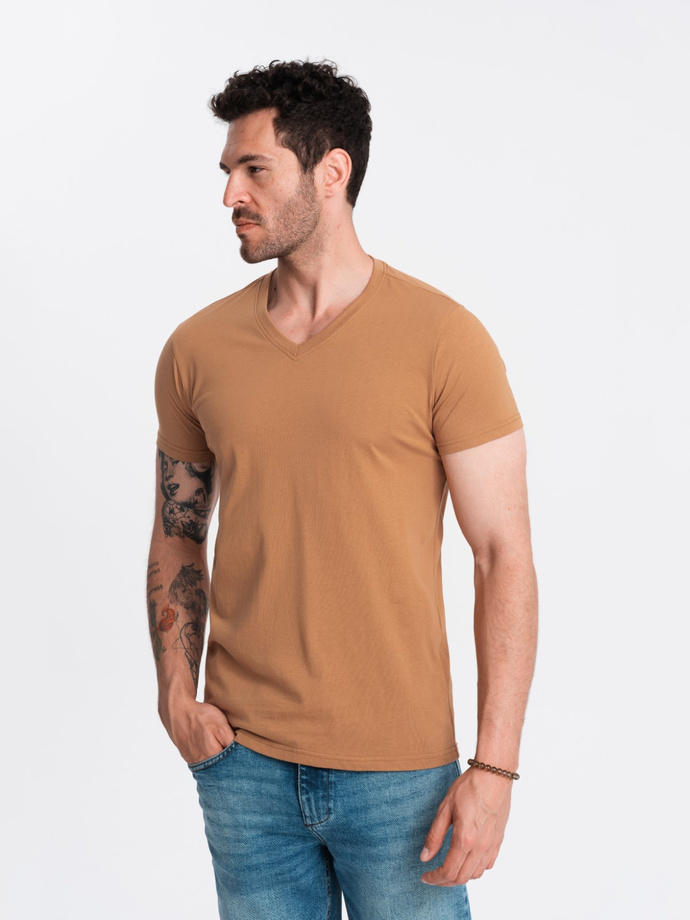 Men's BASIC classic cotton T-shirt with a v-neck - brown V9 OM-TSBS-0145