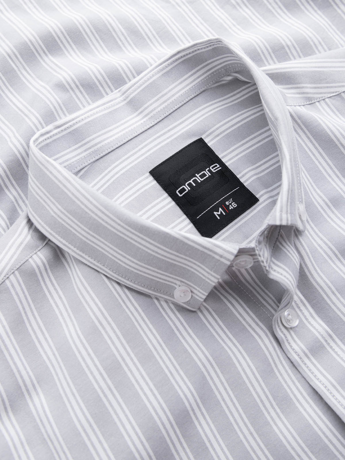 Men's REGULAR FIT shirt in white stripes with pocket - grey V1 OM-SHOS-0171