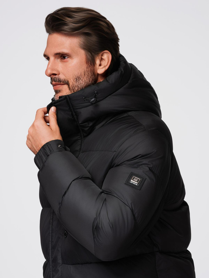 Men's quilted jacket with high zipped hood - black V1 OM-JAHP-0238