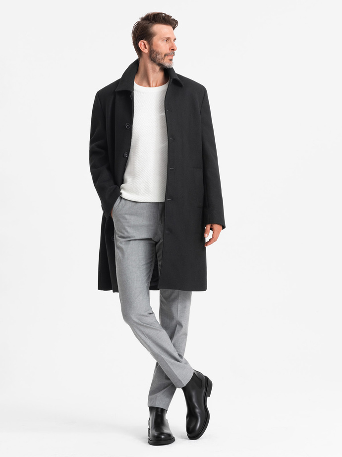 Men's long single-breasted coat with collar and undercoat - black V1 OM-COWC-0106