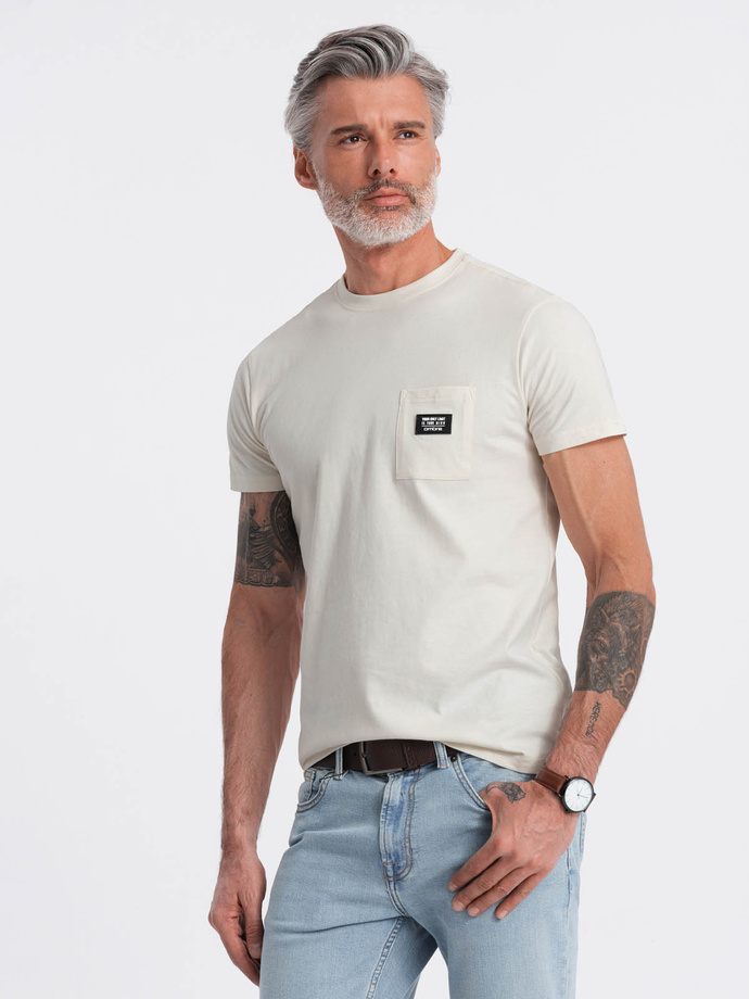 Men's casual t-shirt with patch pocket - cream V8 OM-TSCT-0109