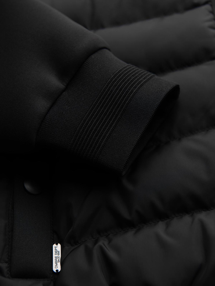 Pikowana kurtka bomberka z kapturem i dzianinowymi rękawami – czarna V1 OM-JALP-0298