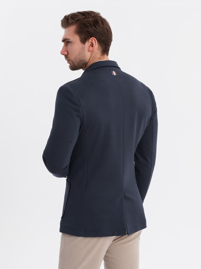 Men's SLIM knit jacket with subtle texture - navy blue V3 OM-BLZB-0101