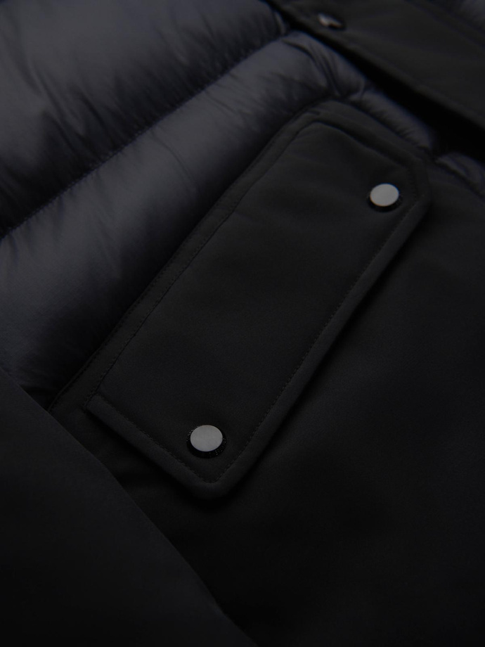 Men's long quilted jacket with large pockets - black V1 OM-JALJ-0308