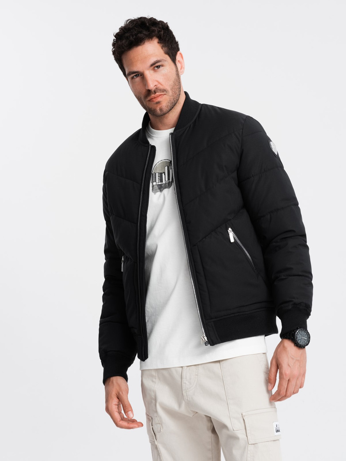 Men's quilted bomber jacket with metal zippers - black V1 OM-JALP-0143