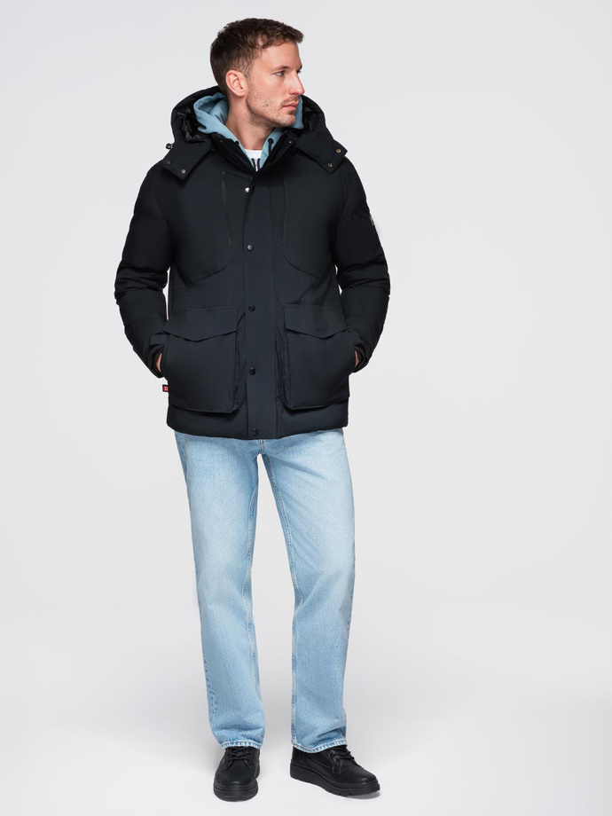 Men's winter jacket with detachable hood in waterproof material - black V3 OM-JAHP-0306