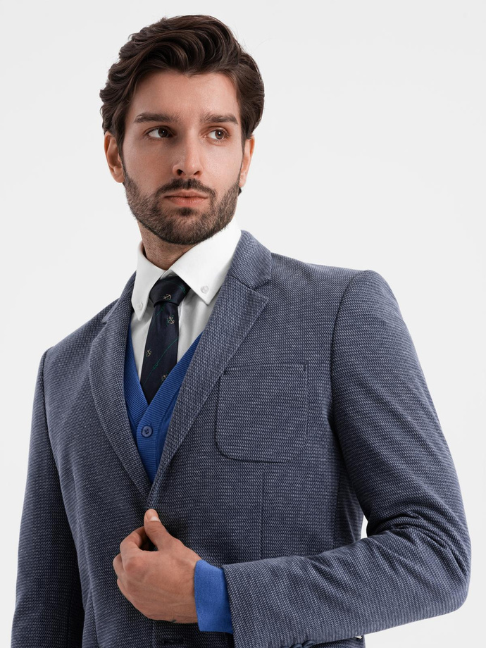 Fitted elegant men's structured knit blazer - navy blue V1 OM-BLZB-0129