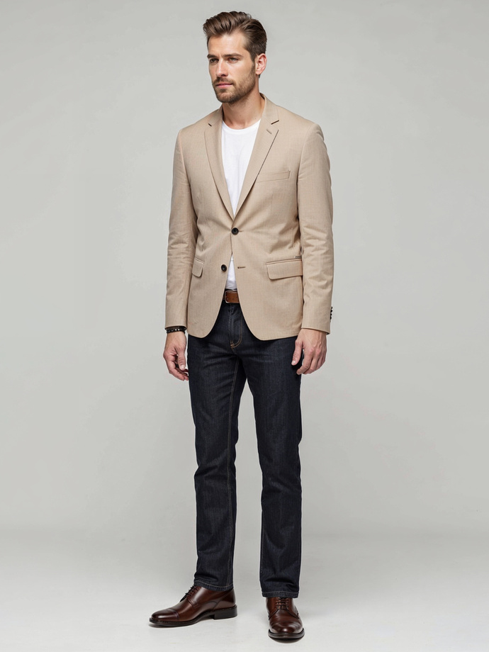 Elegancka męska marynarka SLIM FIT z rayonem – beżowa V2 OM-BLZB-0135