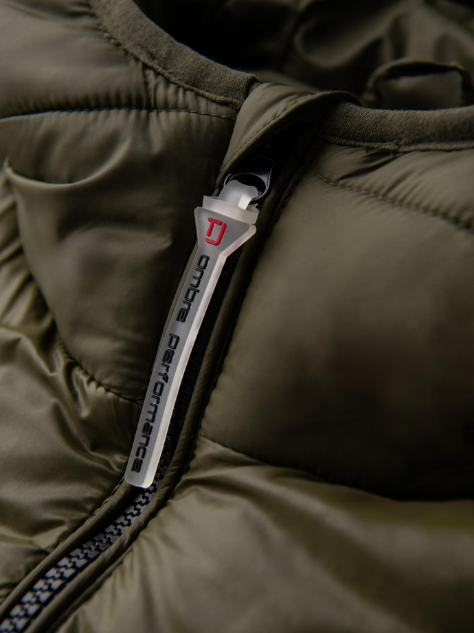 Men's quilted winter jacket with combined materials - dark olive green V3 OM-JAHP-0145