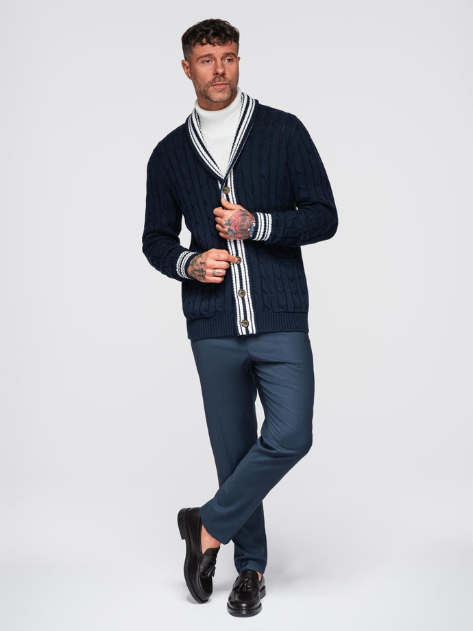 Men's cardigan sweater with shawl collar in preppy style - navy blue V4 OM-SWCD-0152