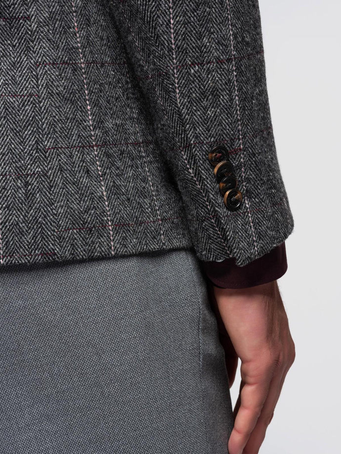 Elegant men's plaid blazer with wool blend - grey V1 OM-BLZB-0137