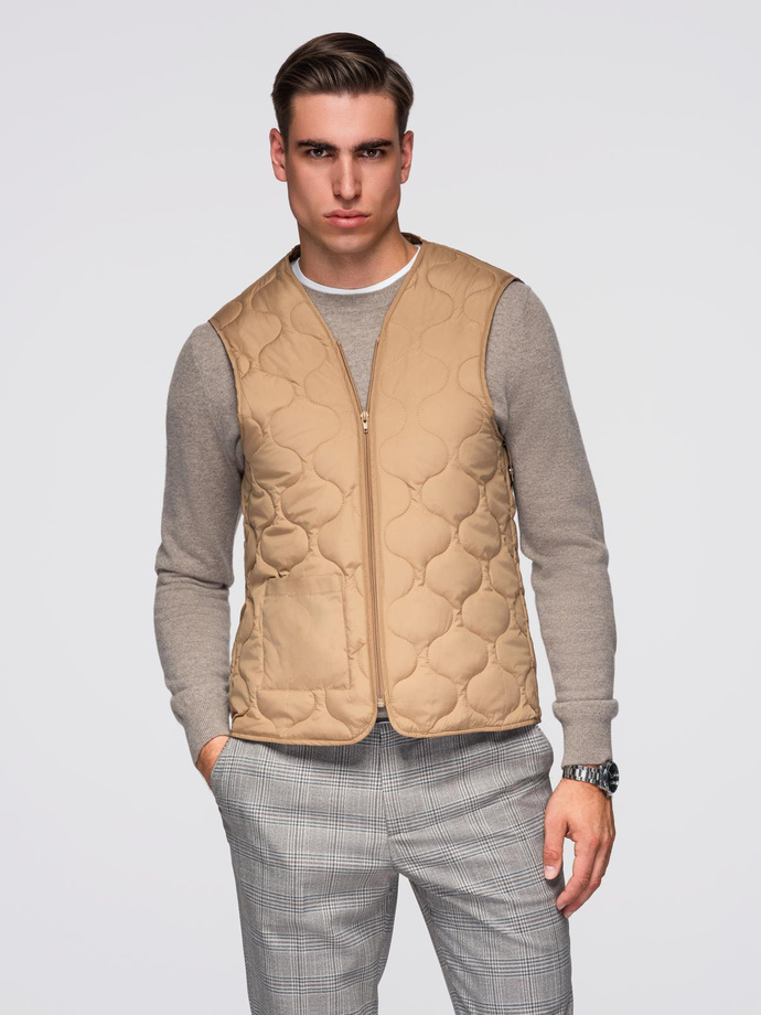 Jednorzędowy męski długi płaszcz z kołnierzykiem i podpinką – brązowy V4 OM-COWC-0135