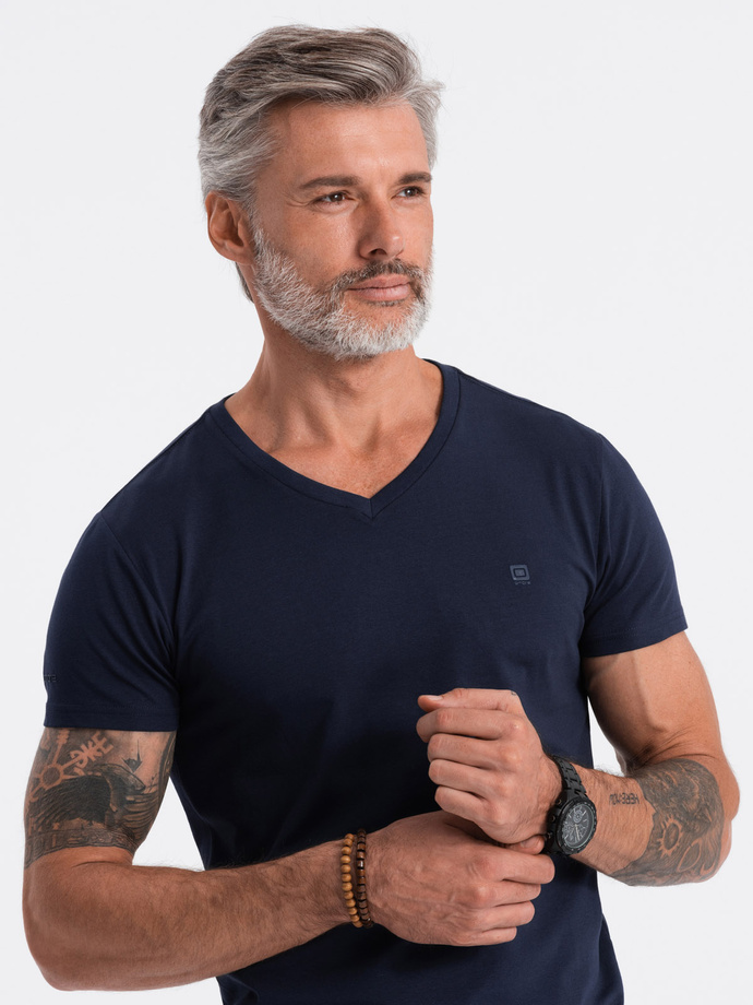 Men's V-NECK T-shirt with elastane - navy blue V2 S1183