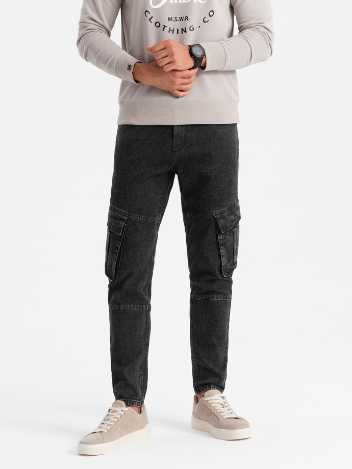 Jeansowe spodnie cargo SLIM FIT z efektem wybielania – czarne V2 OM-PADP-0176