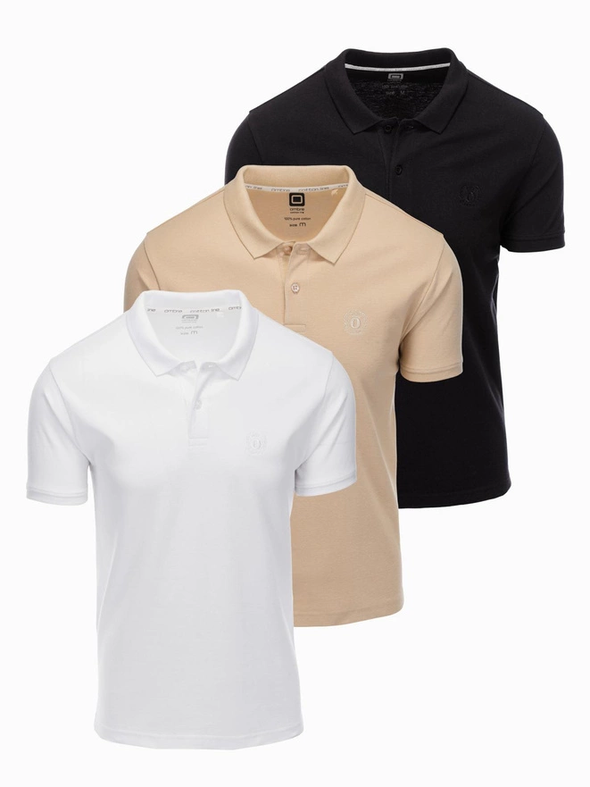 Komplet męskich bawełnianych t-shirtów polo BASIC – czarny/biały/beżowy V7 OM-POBS-0133