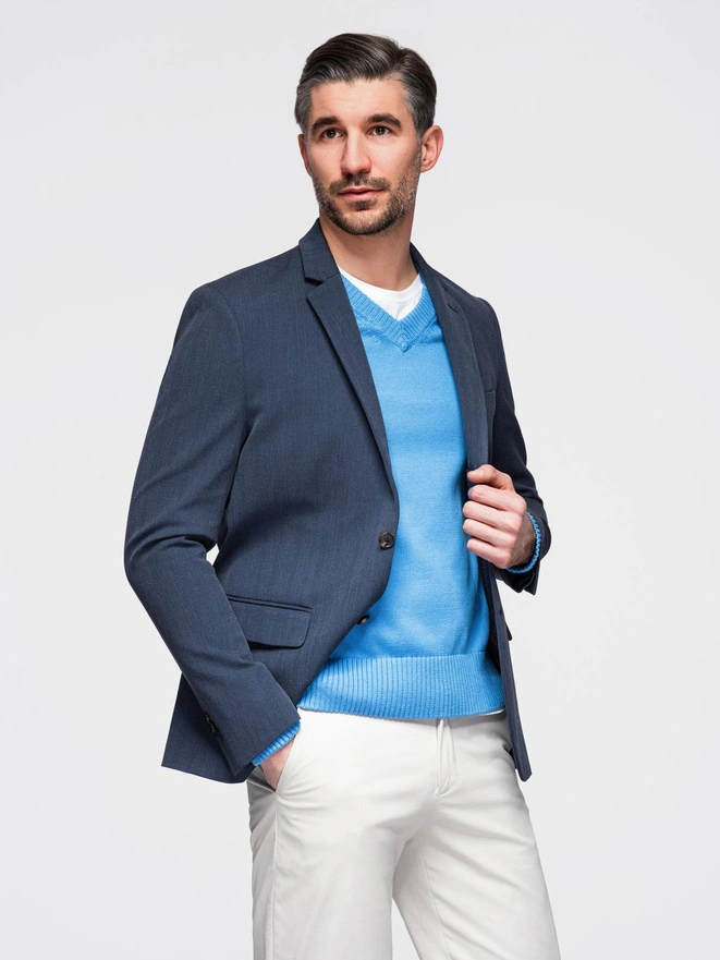 Elegant men's SLIM FIT jacket with rayon - dark blue V3 OM-BLZB-0135