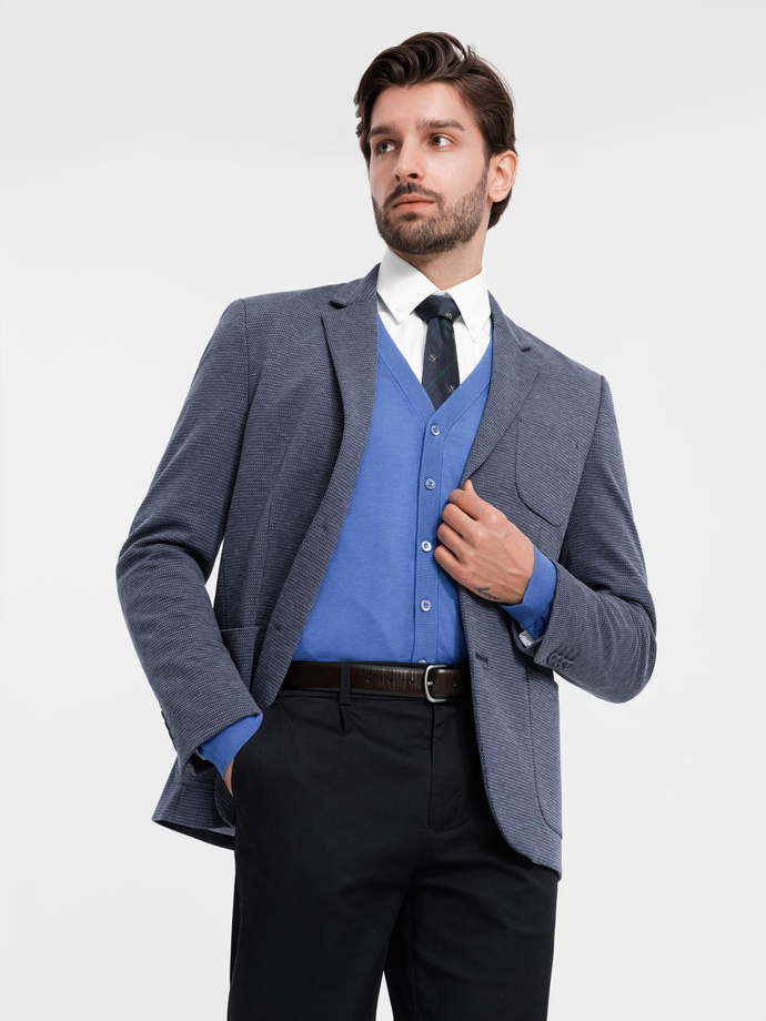 Fitted elegant men's structured knit blazer - navy blue V1 OM-BLZB-0129