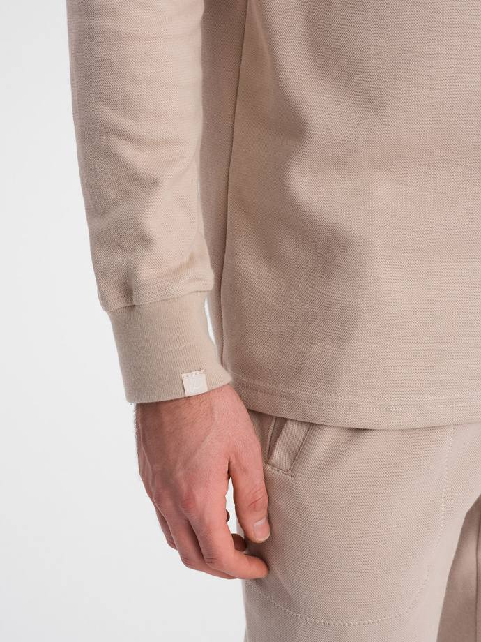 Men's tracksuit set sweatshirt with polo collar + pants - beige V2 Z71