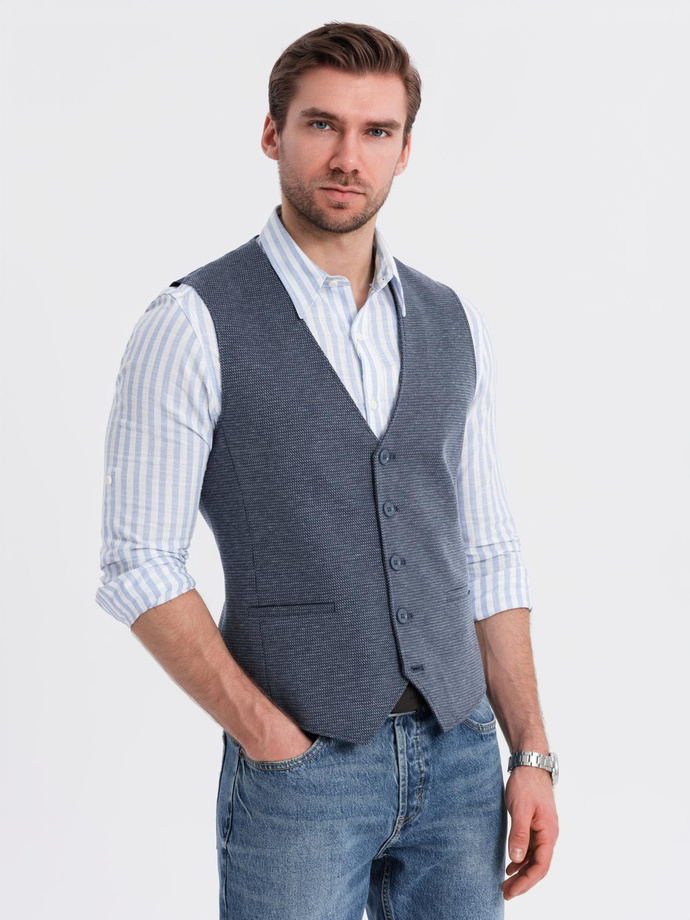 Fitted elegant men's structured knit vest - navy blue V1 OM-BLZV-0147