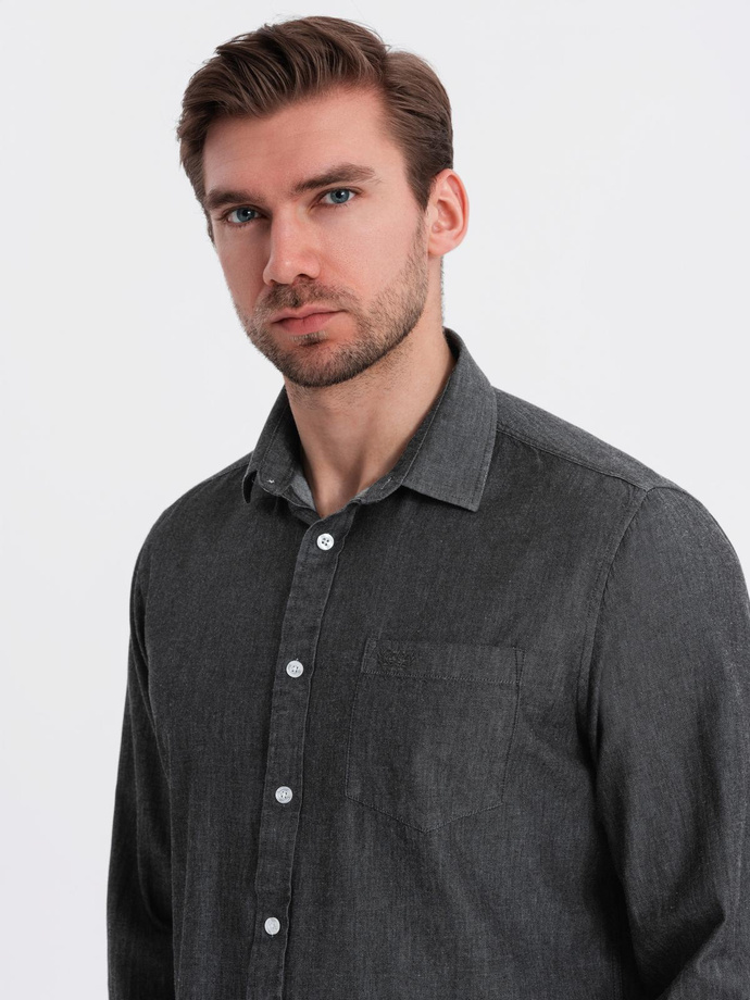 Męska jeansowa koszula z haftowaną kieszonką – czarna V2 OM-SHDS-0181