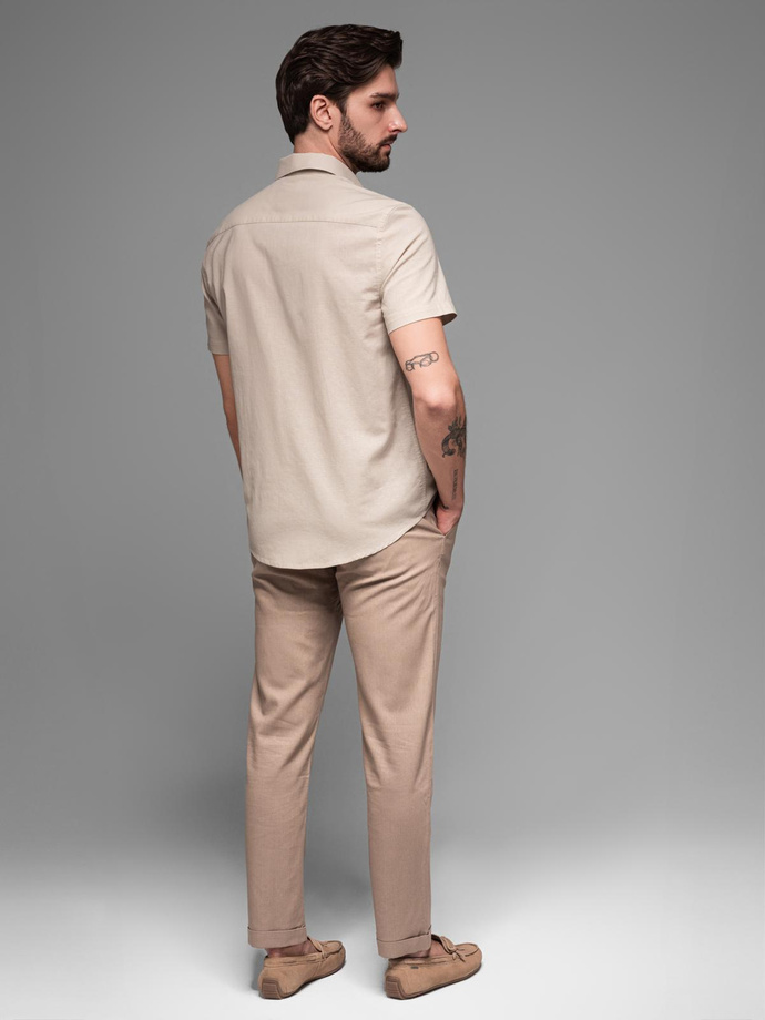 Koszula męska z lnu i bawełny z krótkim rękawem i kieszonką – beżowa V4 OM-SHSS-0167