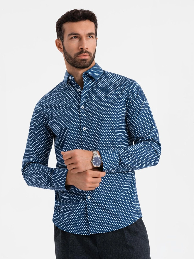 Men's fine pattern SLIM FIT shirt - navy blue V1 OM-SHCS-0140