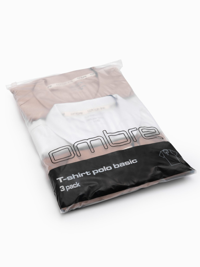 Komplet bawełnianych t-shirtów męskich polo BASIC – biały/cielisty/jasnobrązowy V6 OM-POBS-0133