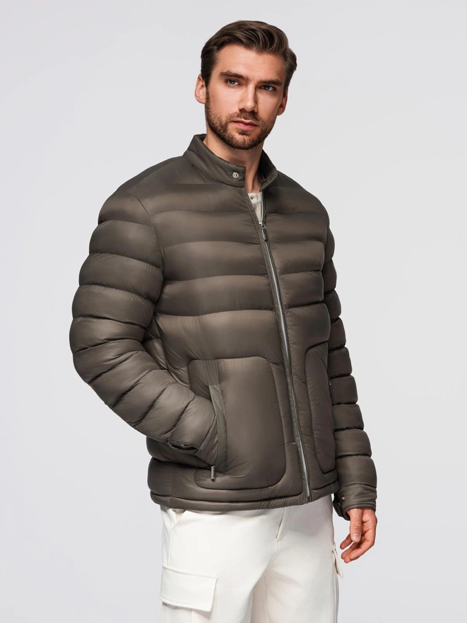Men's imitation leather jacket with ribbed hem - dark brown V1 OM-JAFL-0109