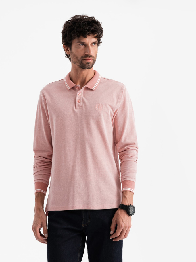 Men's melange polo longsleeve with embroidery - pink melange V2 OM-POLS-0129