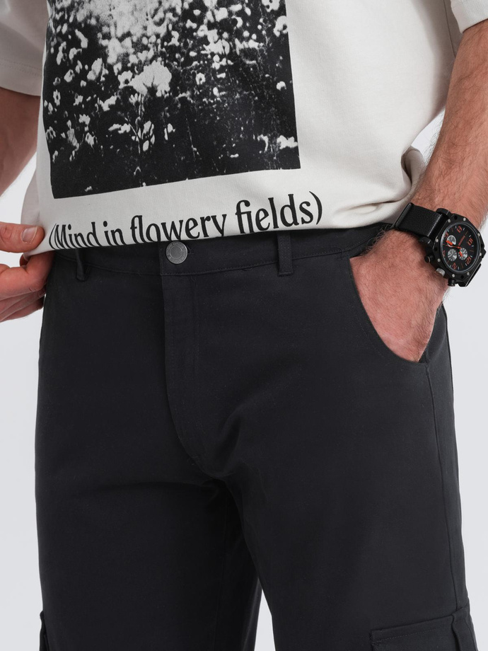 Men's cargo pants STRAIGHT LEG with stripes on pockets - black V4 OM-PACG-0197