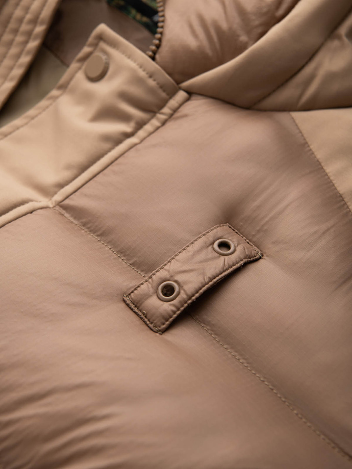 Men's long quilted jacket with large pockets - beige V2 OM-JALJ-0165