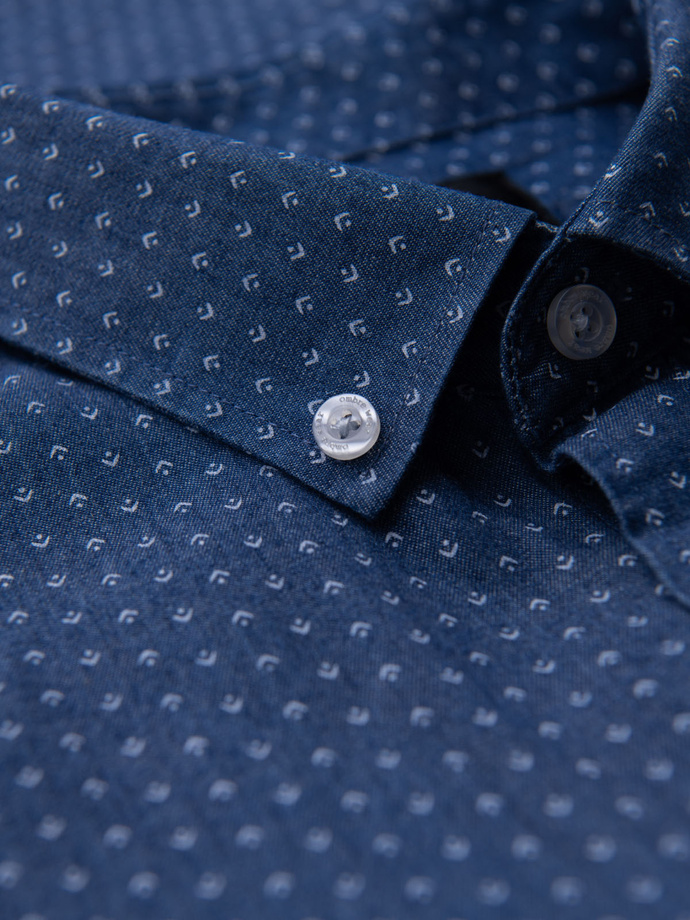 Men's patterned thin denim shirt with pocket - blue V2 OM-SHDS-0179