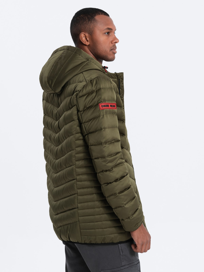 Men's quilted jacket with satin finish - dark olive green V13 OM-JALP-0121