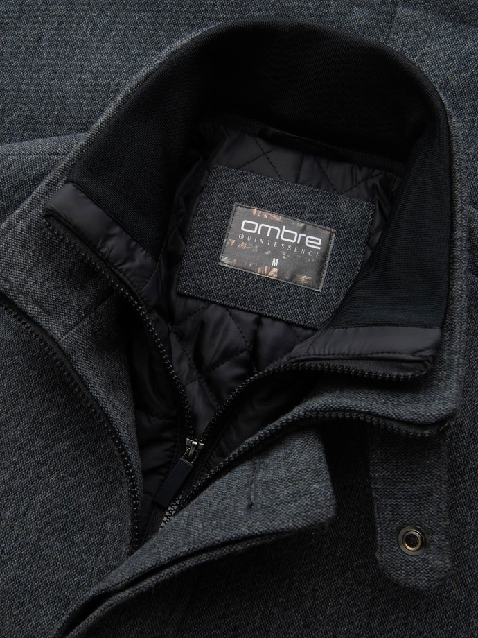 Męski płaszcz zimowy z wełną i pikowaną podpinką – grafitowy melanż V1 OM-COWC-0116