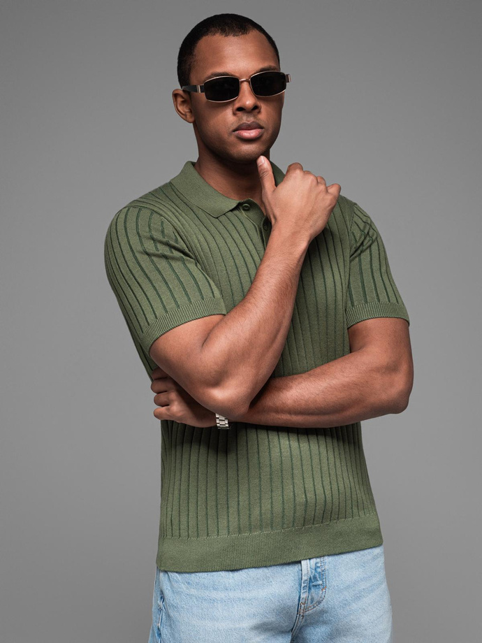 Men's SLIM FIT viscose vertical stripe polo shirt - olive V4 OM-POSS-0143
