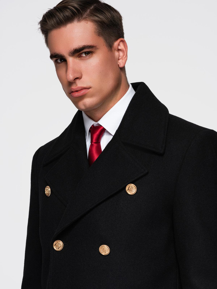 Elegancki militarny dwurzędowy płaszcz męski z wełną - czarny V1 OM-COWC-0145