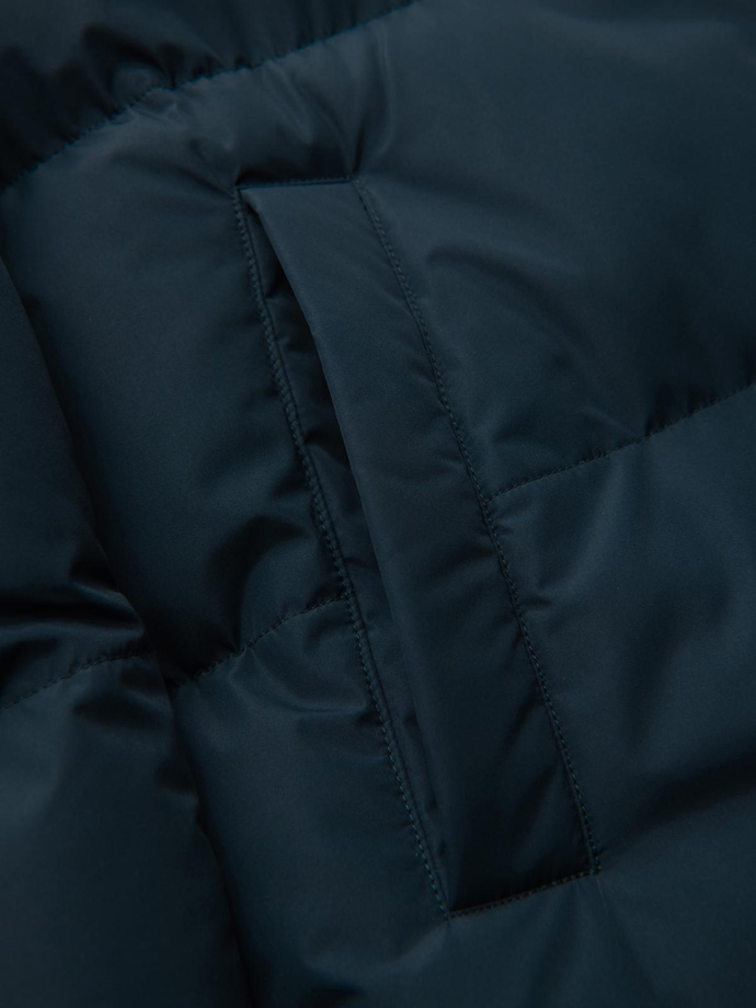 Klasyczna męska długa kurtka z kapturem – granatowa V2 OM-JALJ-0269