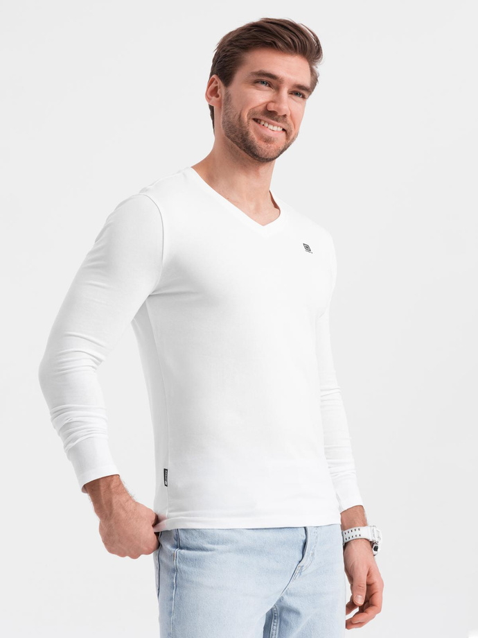 Set of men's SLIM FIT longsleeves with V-neck and logo 2-pack - 2x white V4 Z103