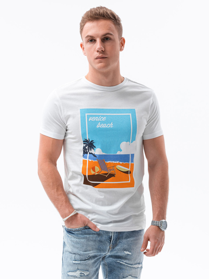 T-shirt męski z nadrukiem - biały V-3A S1434