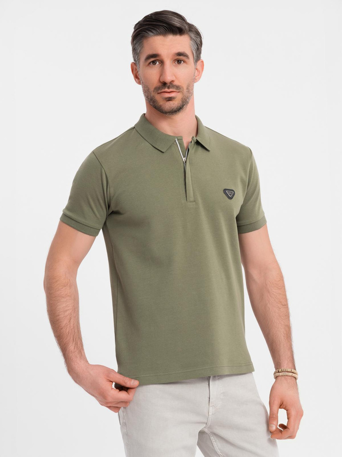Men's polo shirt with zip neckline - olive V5 OM-POSS-0148