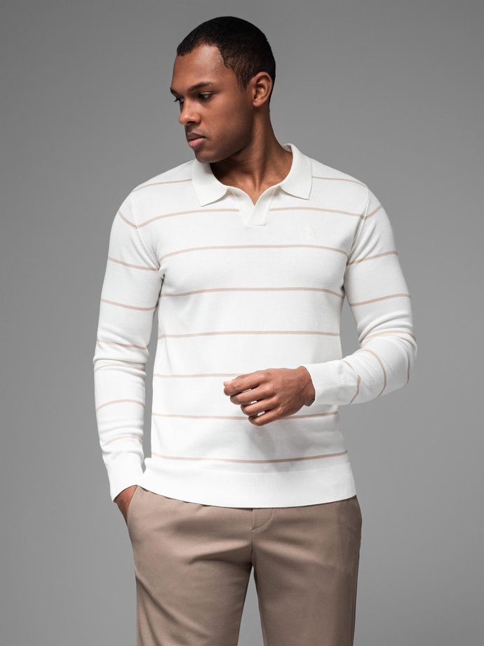 Męski longsleeve polo w poziome paski z wiskozą – biało-beżowy V4 OM-POLS-0146