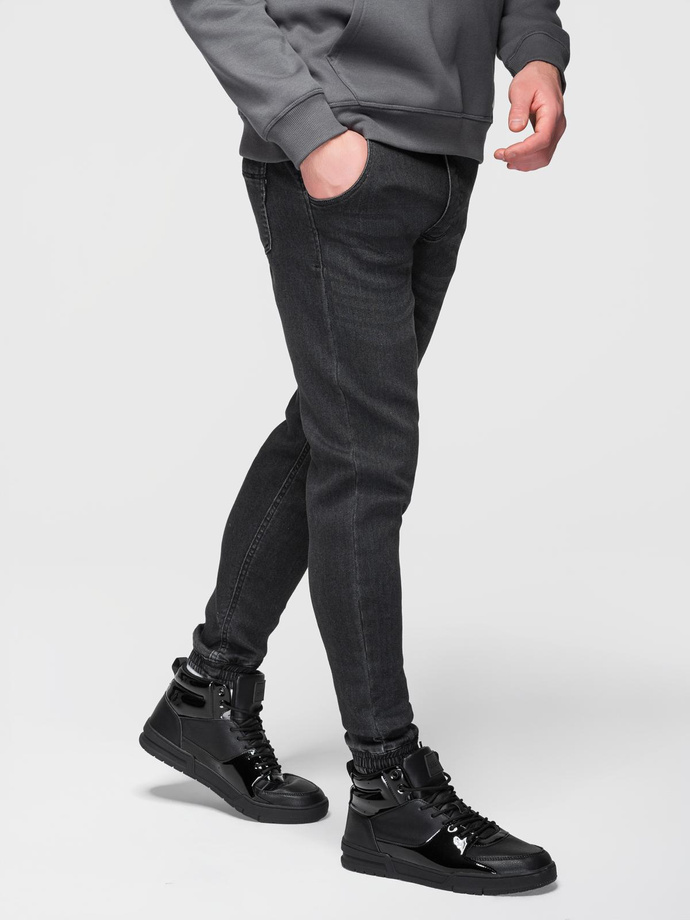 Spodnie męskie jeansowe joggery ze ściagaczem w pasie - czarne V4 OM-PADJ-0242