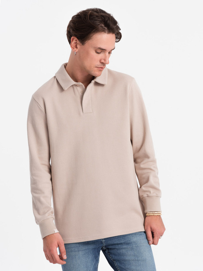 Men's structured knit polo collar sweatshirt - beige V2 OM-SSNZ-0149