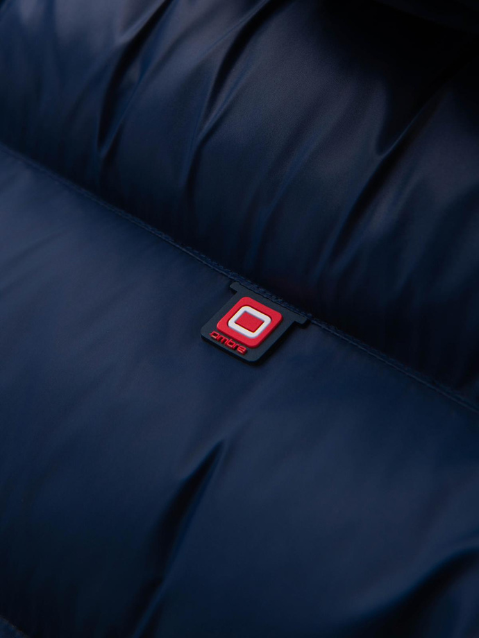 Nowoczesna męska pikowana kurtka z łączonych materiałów – granatowa V2 OM-JAHP-0303