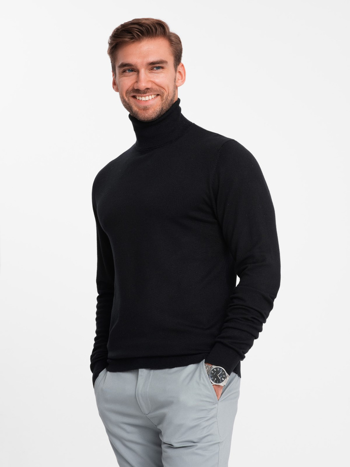 Men's knitted fitted turtleneck with viscose - black V1 OM-SWTN-0101