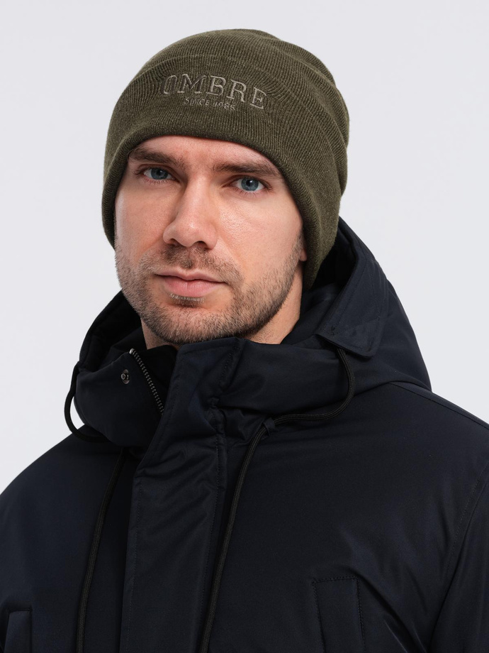 Men's knitted beanie cap with embroidered inscription - olive V5 OM-ACWH-0120