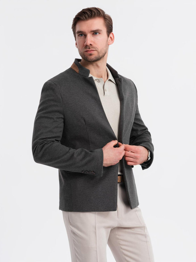 Melanżowa marynarka męska z dodatkiem rayonu ze stójką – czarny melanż V5 OM-BLZB-0131