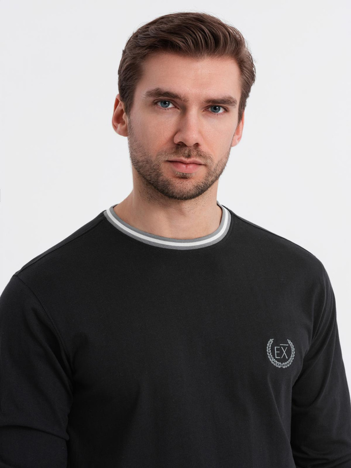 Men's cotton longsleeve with striped U neckline and embroidery - black V4 OM-LSCL-0128